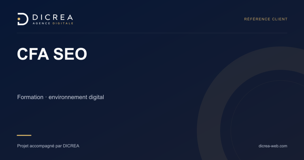 Projet CFA SEO — Formation · environnement digital. Visuel de présentation DICREA.