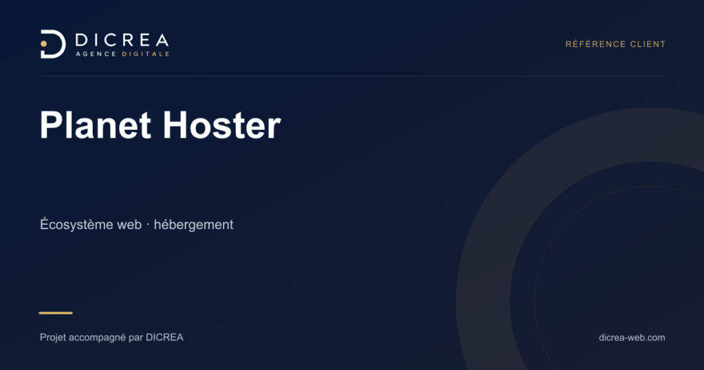 Projet Planet Hoster — Écosystème web · hébergement. Visuel de présentation DICREA.